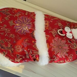 Red Chinese Embroidery Floral Pet Coat with White Faux Fur Trim and Leash Ring